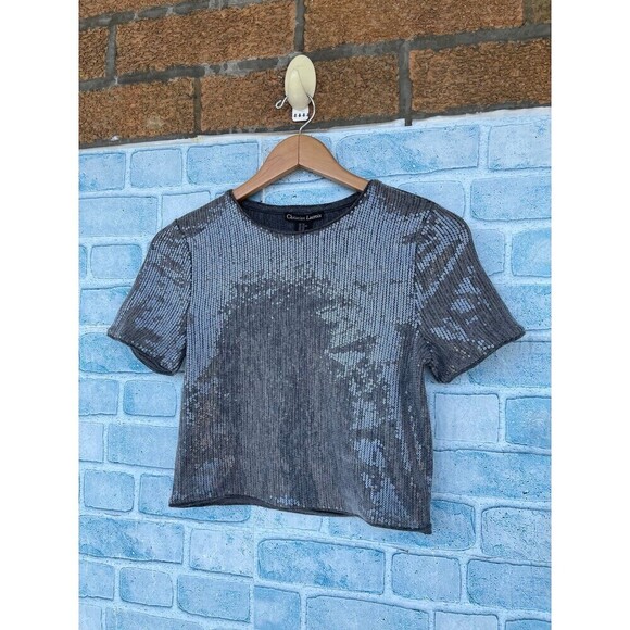 Christian Lacroix Scoop Neck Short Sleeve cropped Metallic & Silver sequin top - Picture 3 of 6